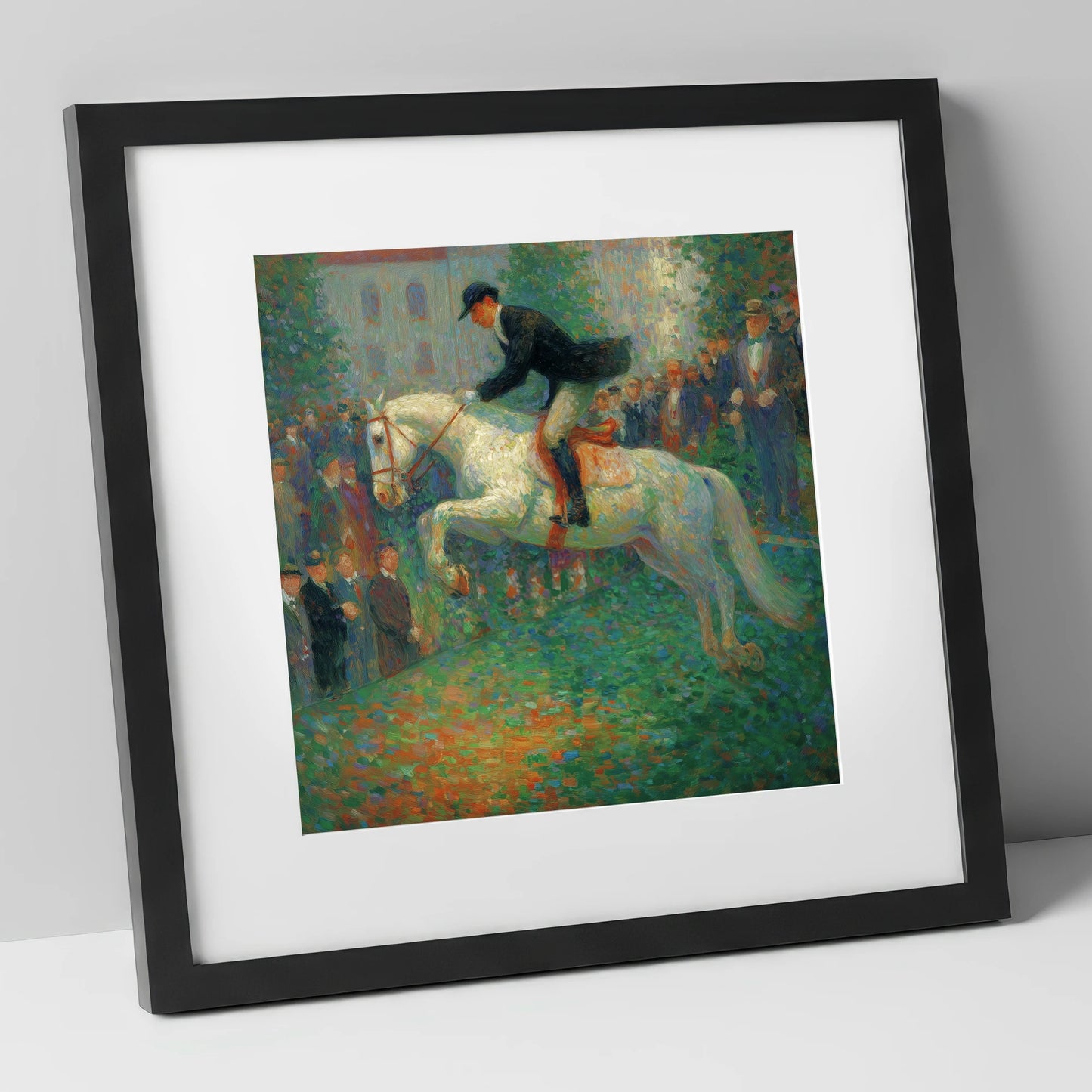 The Luminous Leap show jumping horse art print in black frame