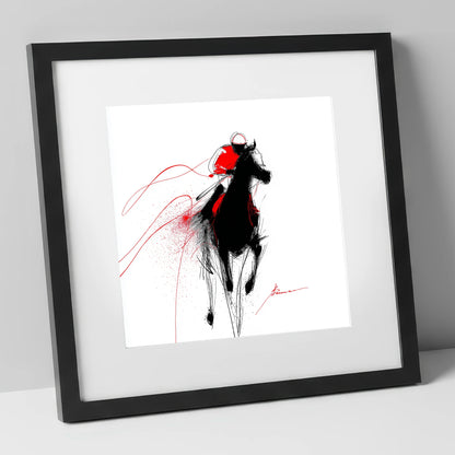 Crimson Gallop racing horse art print in black frame