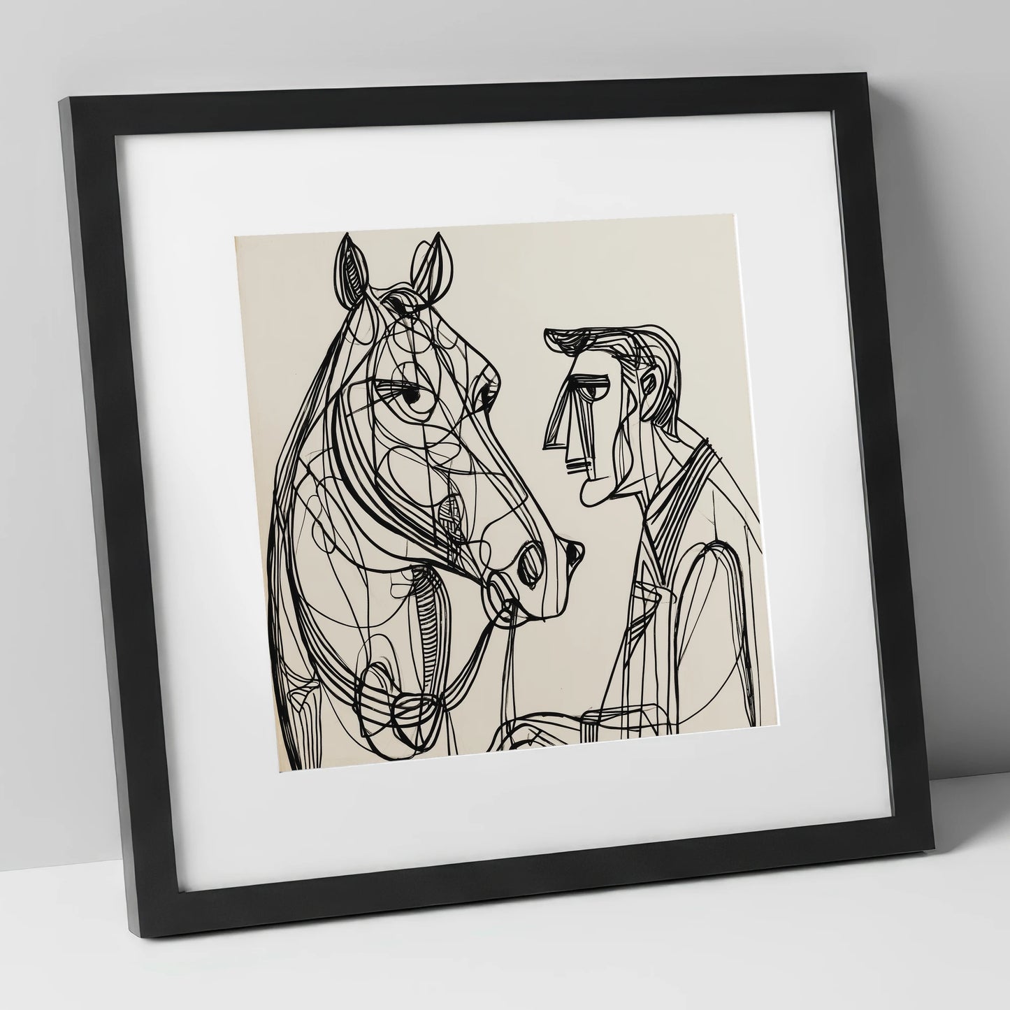 Modern Connection horse & rider art print in black frame