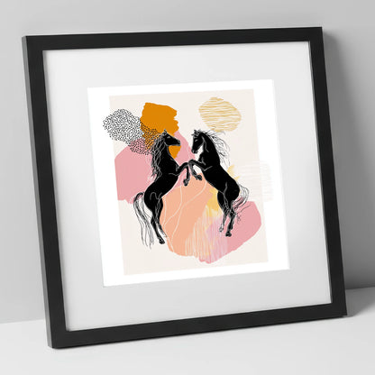 Abstract Equine Harmony wild horses art print in black frame