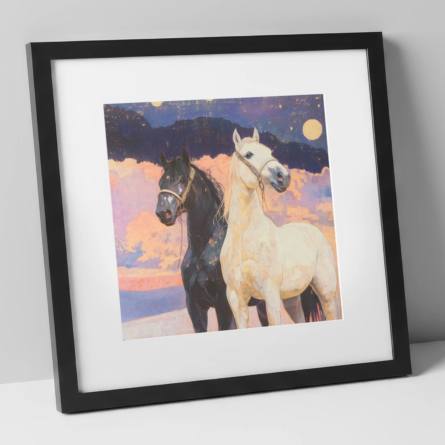 Midnight and Dawn horse landscape art print in black frame
