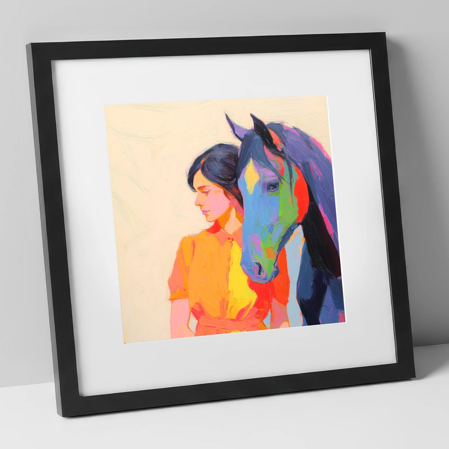 Vivid Companion horse & rider art print in black frame
