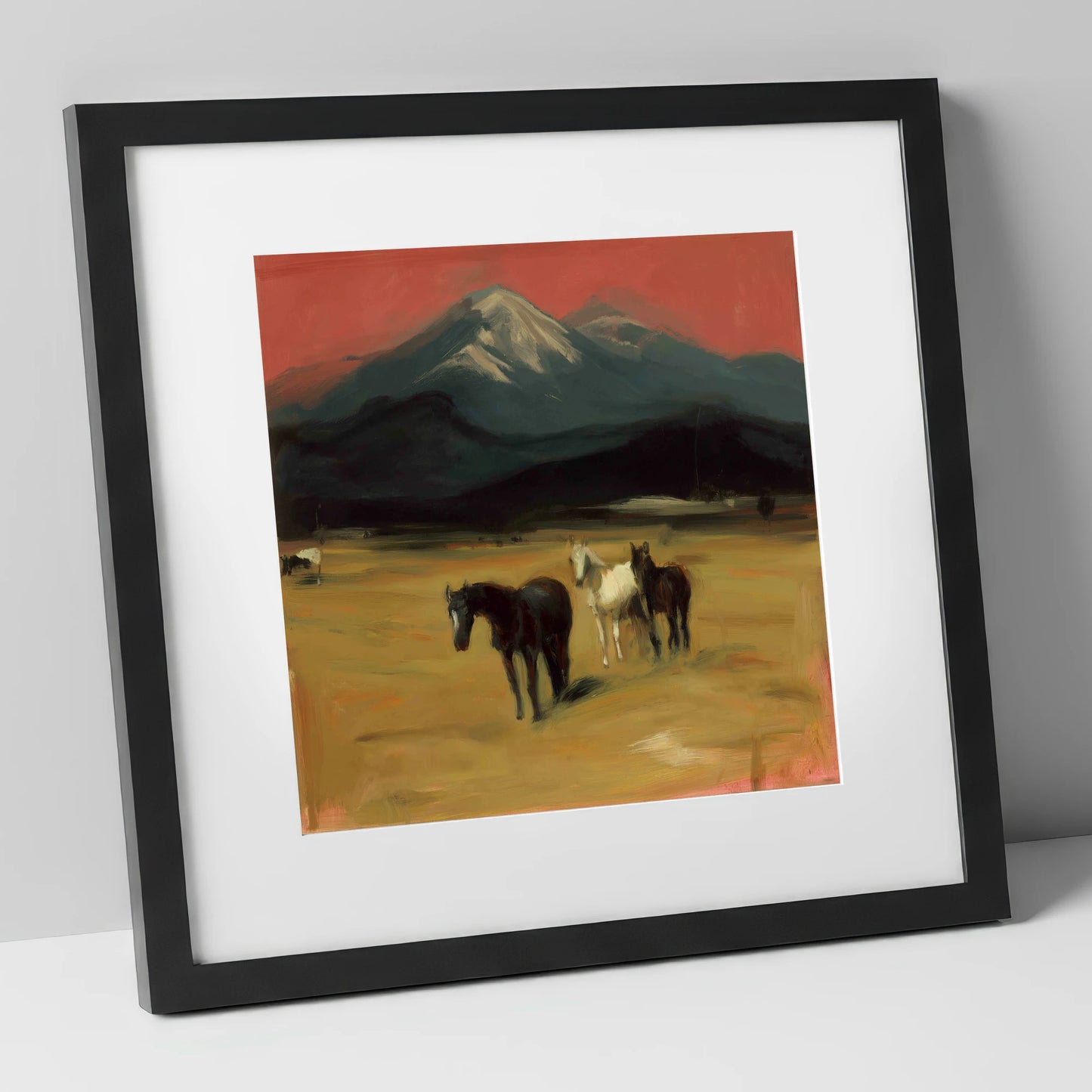 Crimson Sky Pastures horse landscape art print in black frame