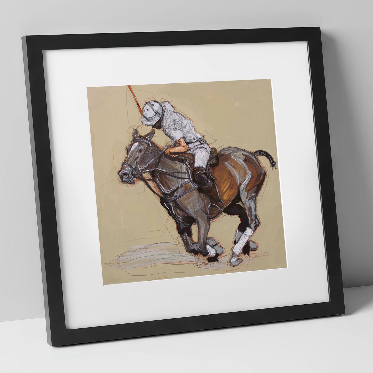 Momentum on the Field polo horse art print in black frame