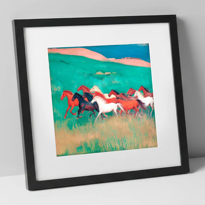 Crimson and Emerald Herd wild horses art print in black frame