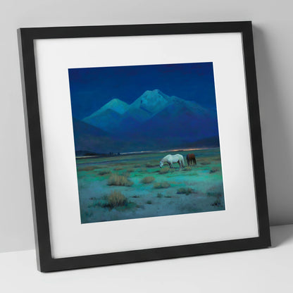 Indigo Night Pasture horse landscape art print in black frame