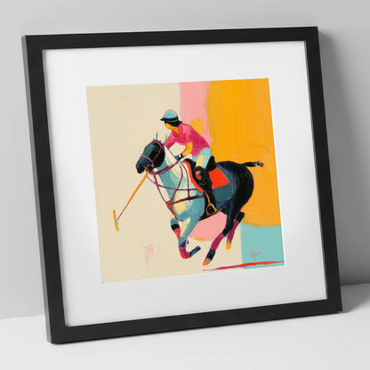 Vibrant Polo Strike polo horse art print in black frame
