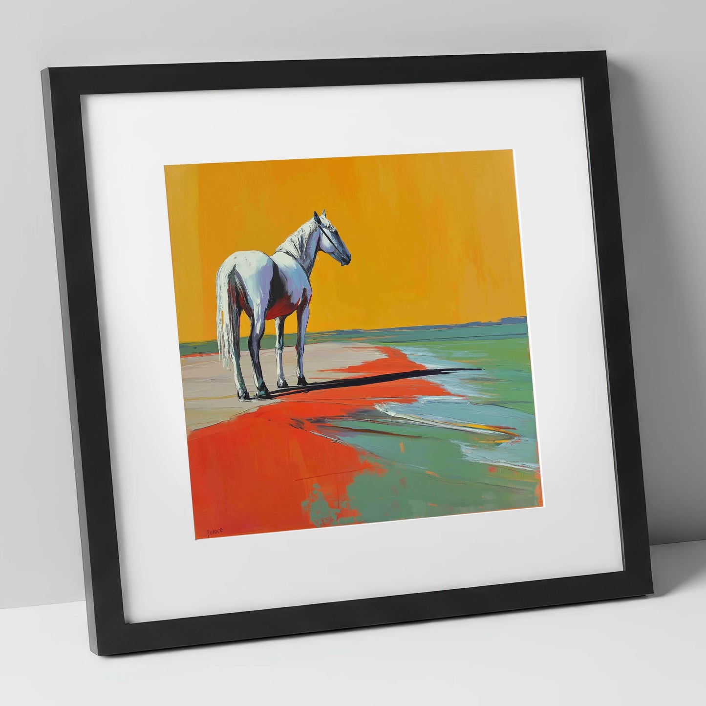 Amber Horizon horse landscape art print in black frame