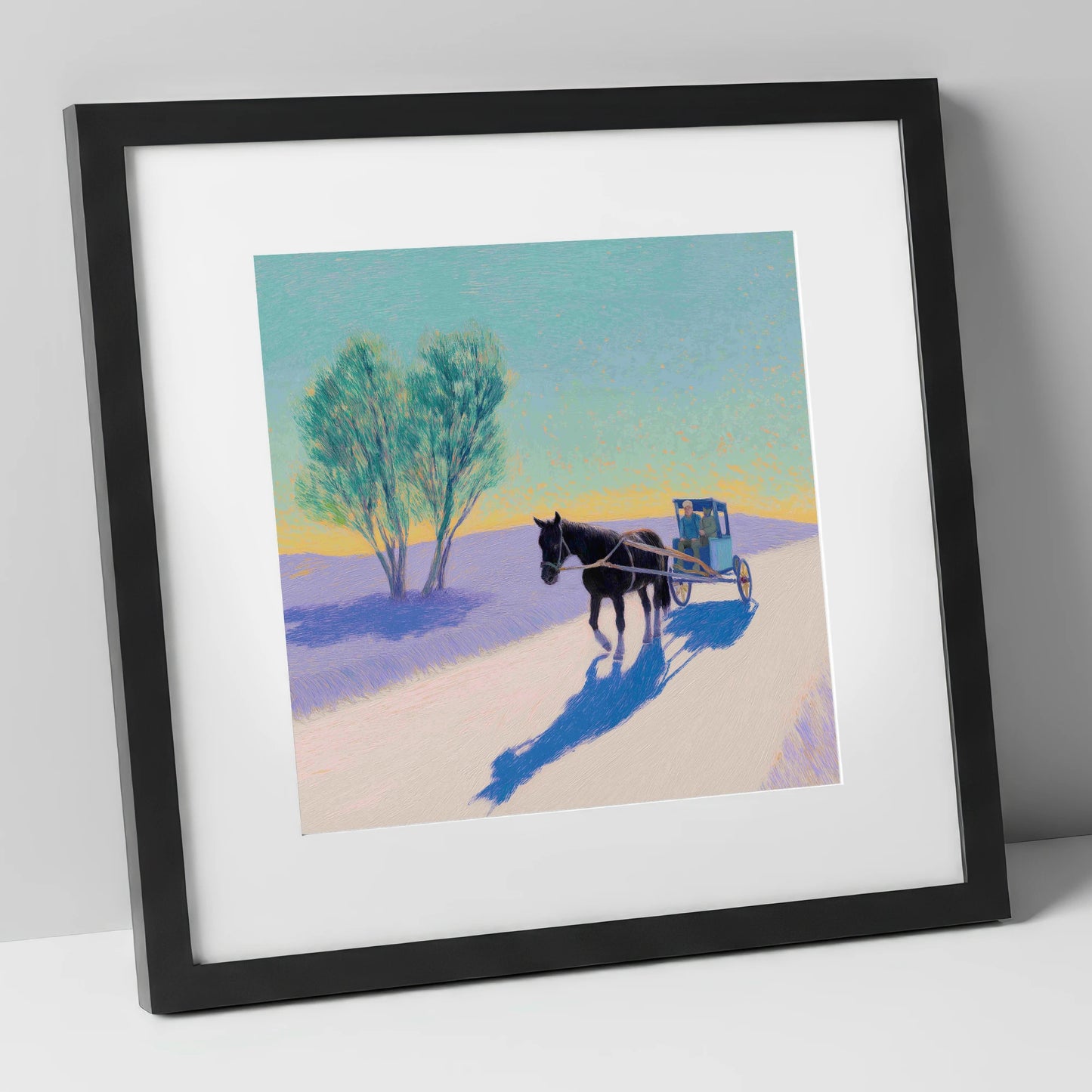 Journey in Lavender Light working horse art print in black frame