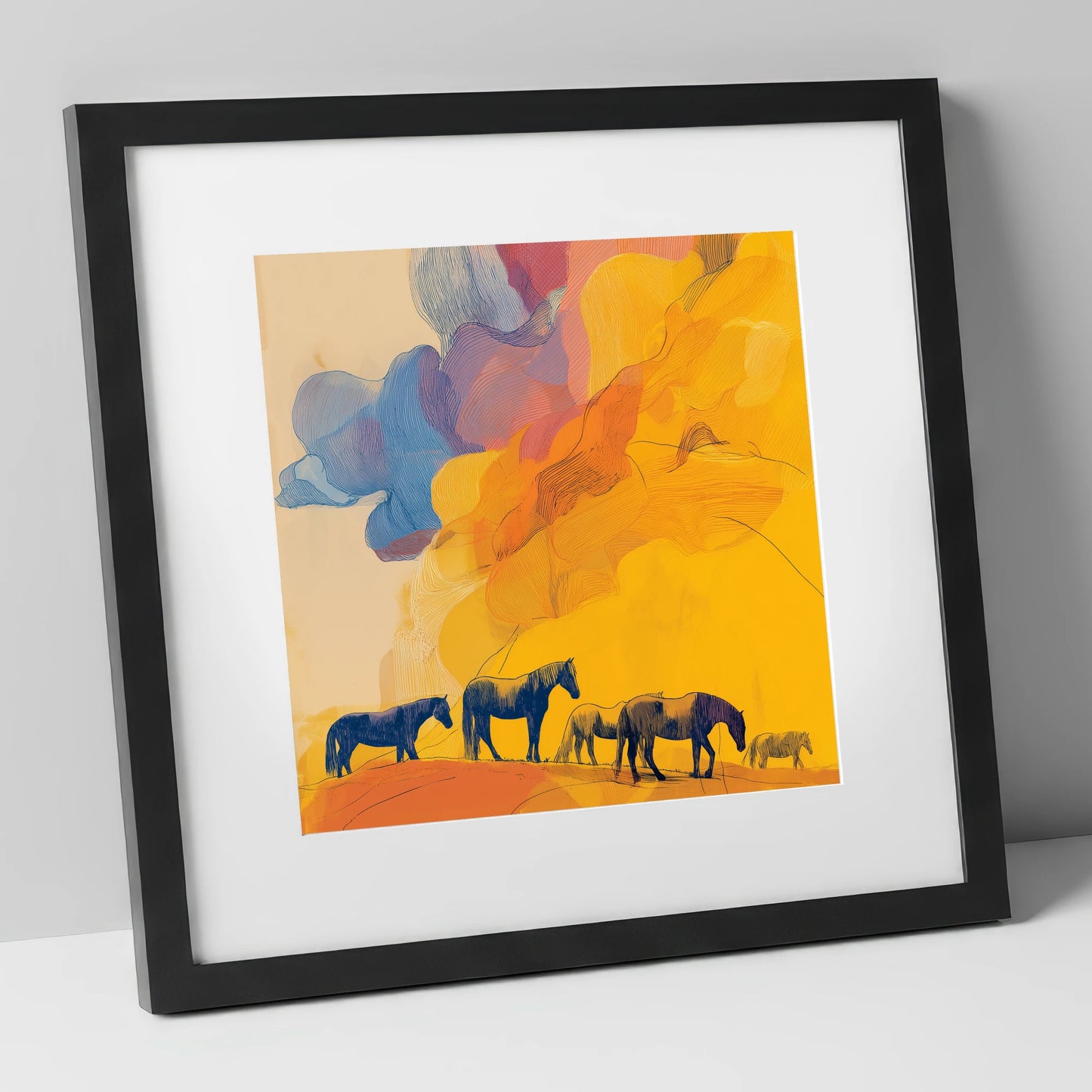 Golden Horizon Herd horse landscape art print in black frame