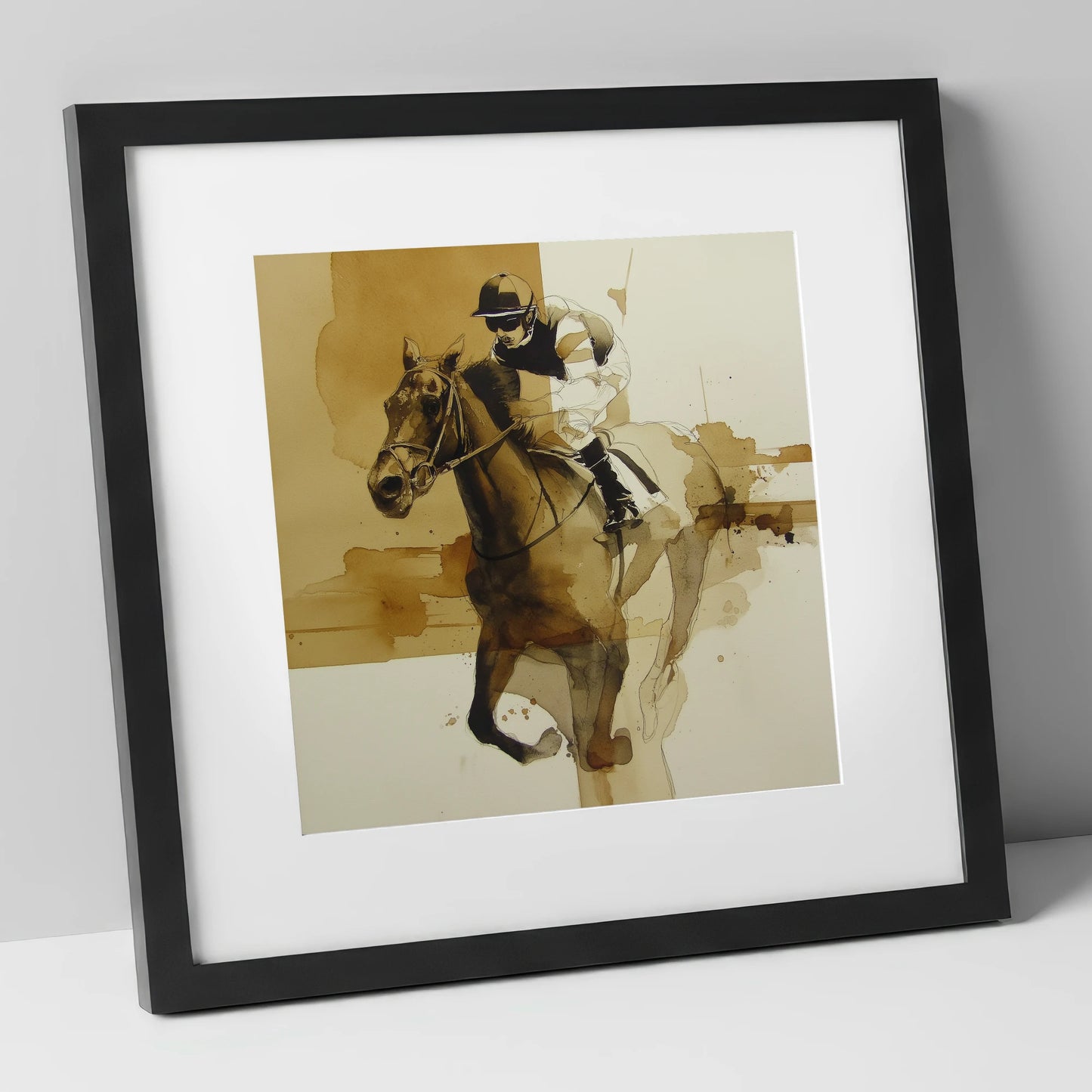 Sepia Sprint racing horse art print in black frame