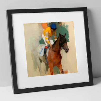 Silks at the Start racing horse art print in black frame