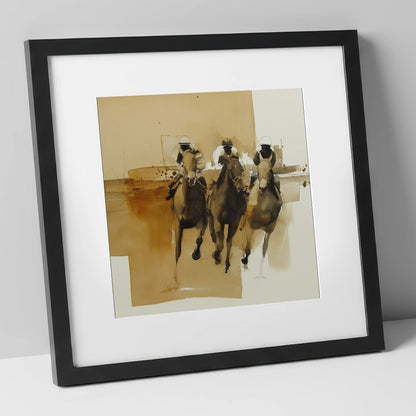 The Home Straight racing horse art print in black frame