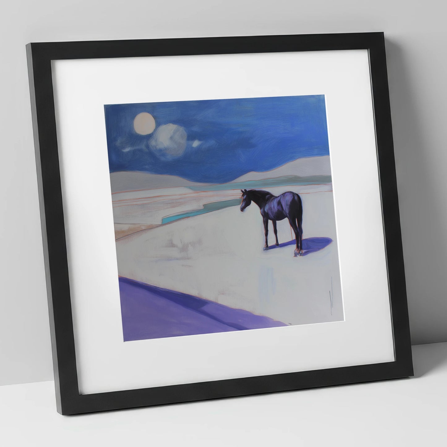 Midnight Solitude horse landscape art print in black frame