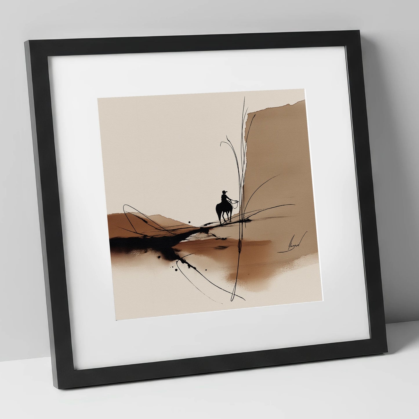 Sepia Horizons western horse art print in black frame