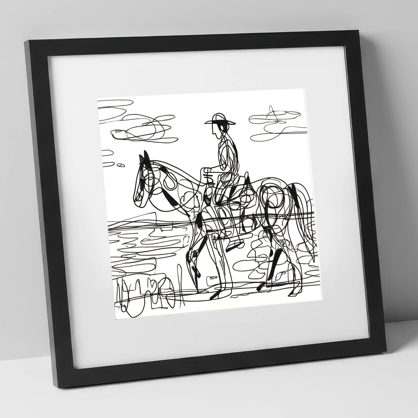 Linear Beach Ride beach horse art print in black frame