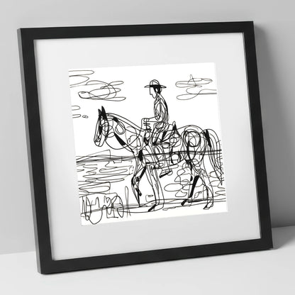 Linear Beach Ride beach horse art print in black frame