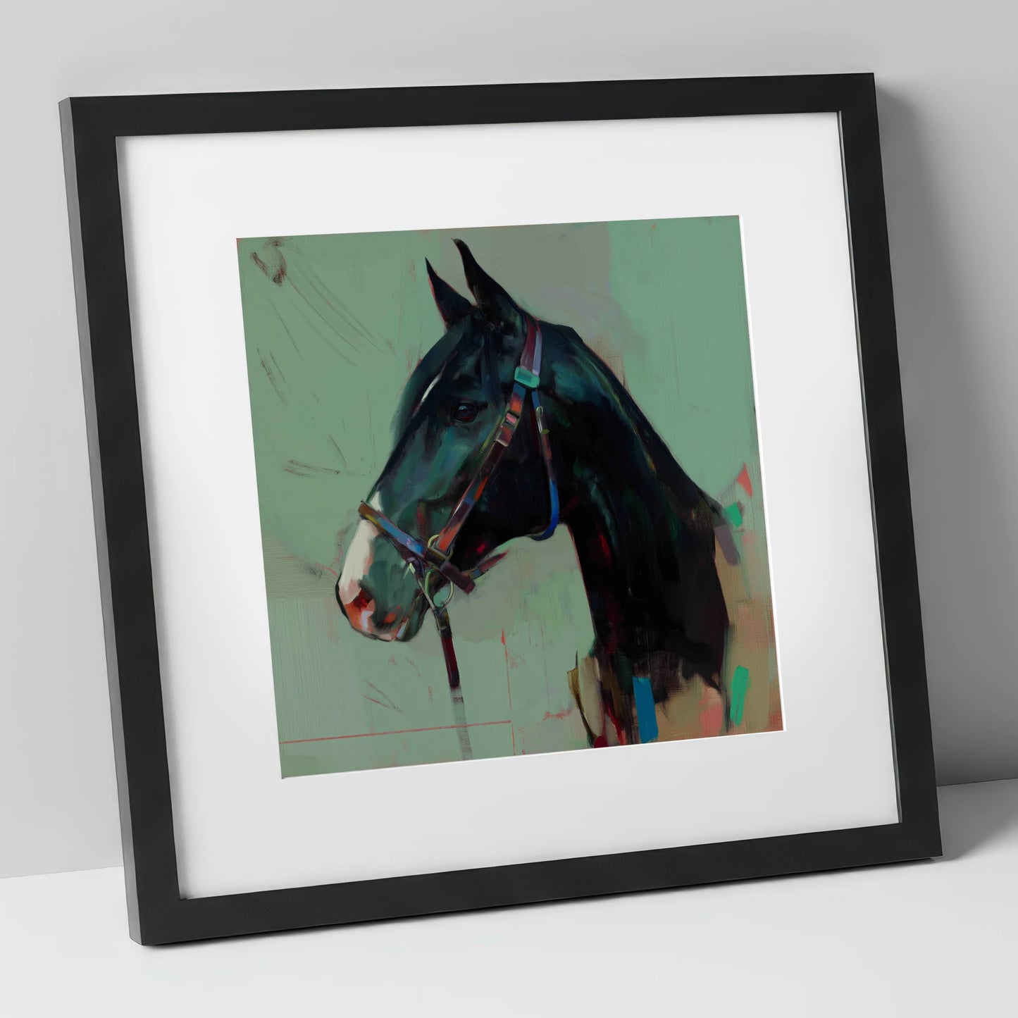 Midnight Profile in Teal horse portrait art print in black frame