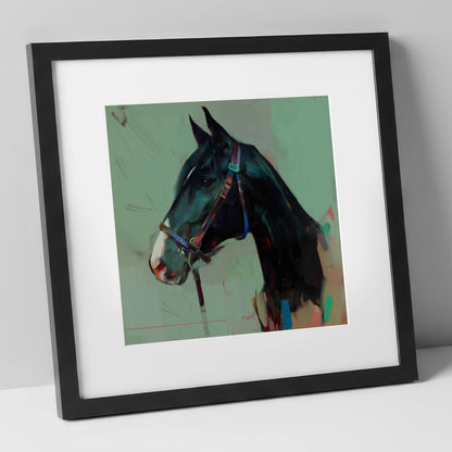 Midnight Profile in Teal horse portrait art print in black frame