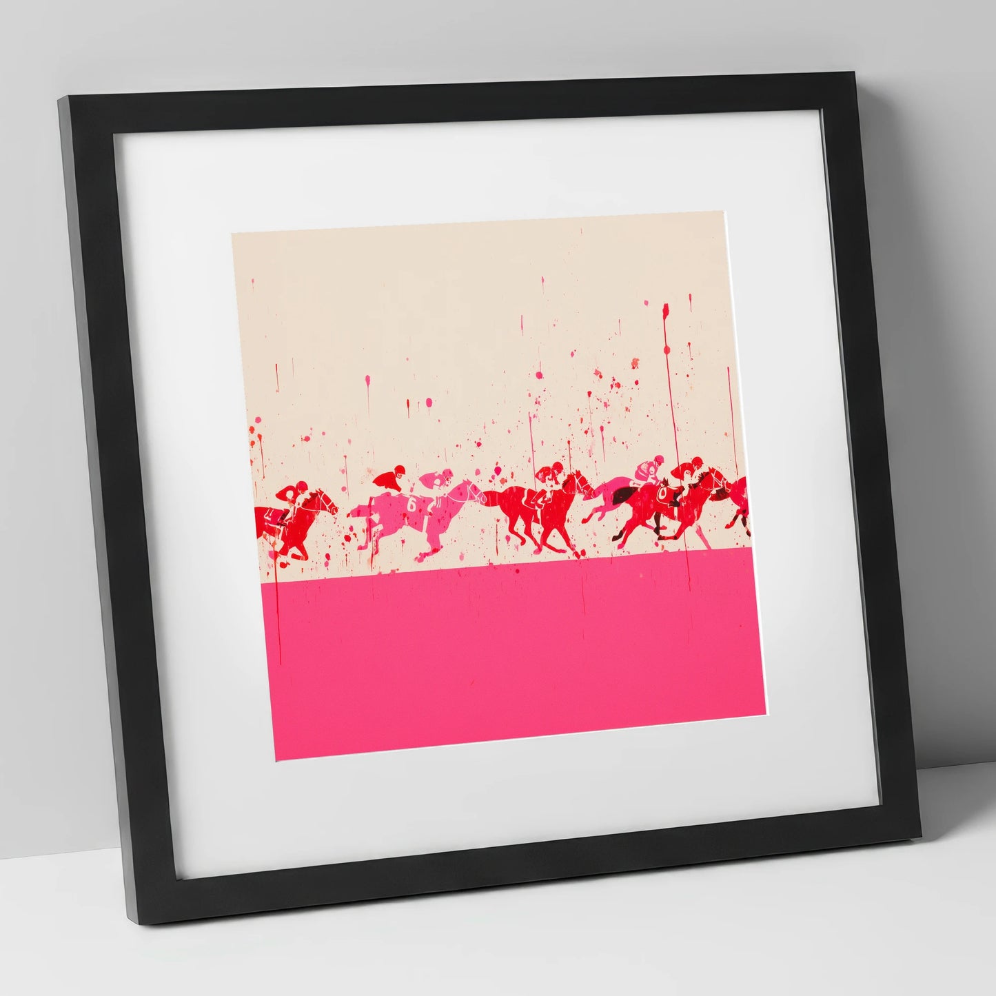 Crimson Surge racing horse art print in black frame