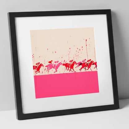 Crimson Surge racing horse art print in black frame