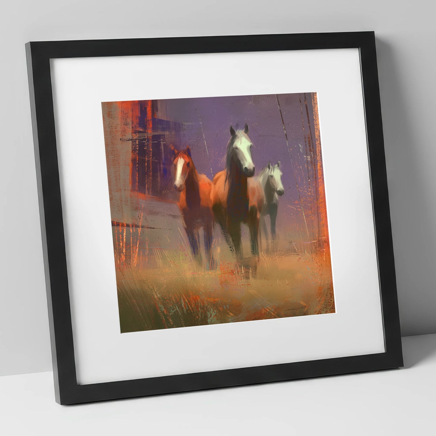 Haze and Embers wild horses art print in black frame