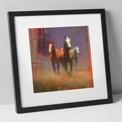 Haze and Embers wild horses art print in black frame