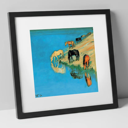 Azure Bank Reflections wild horses art print in black frame