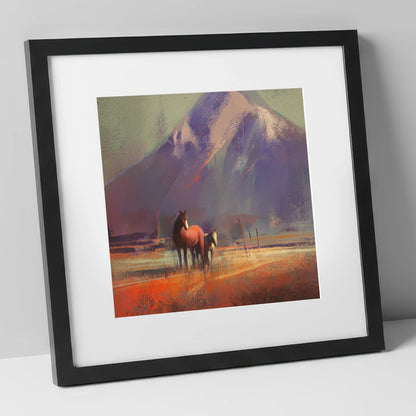 Amber Mountain Pastures horse landscape art print in black frame