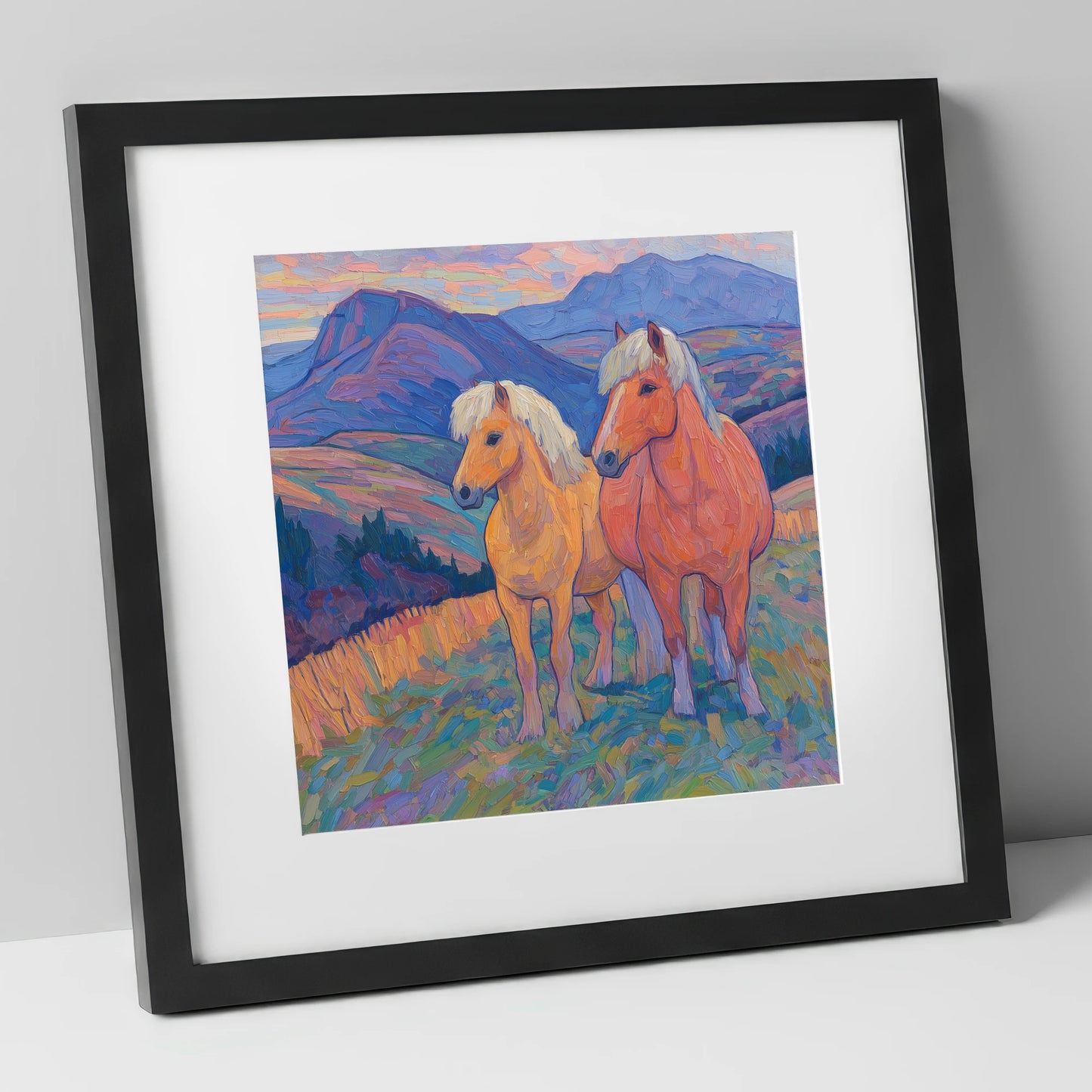 Highland Fjord Companions horse landscape art print in black frame