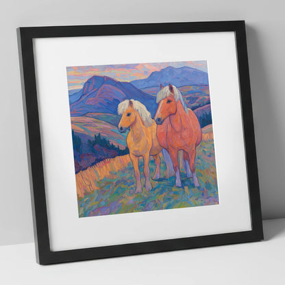 Highland Fjord Companions horse landscape art print in black frame