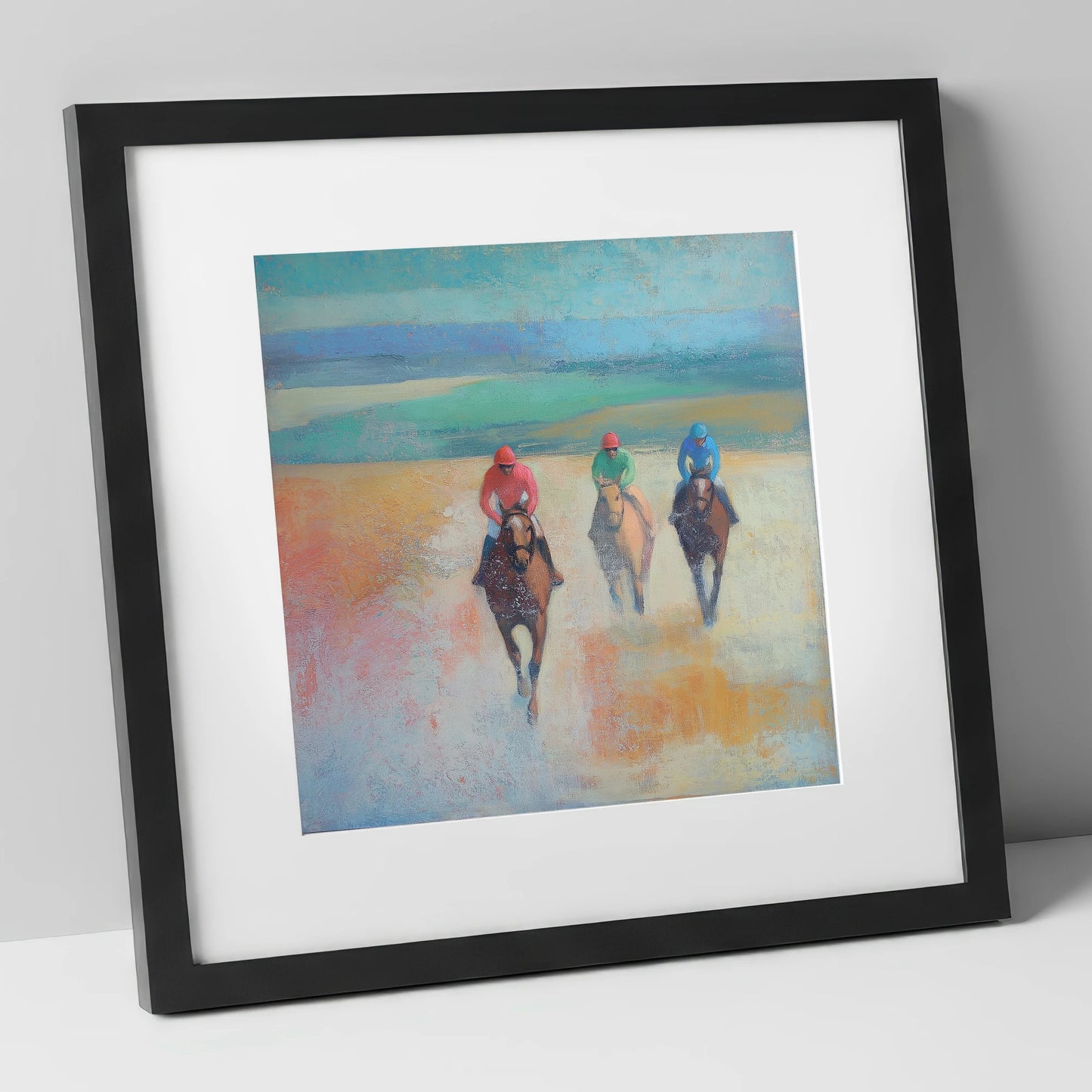 Dawn on the Gallops racing horse art print in black frame