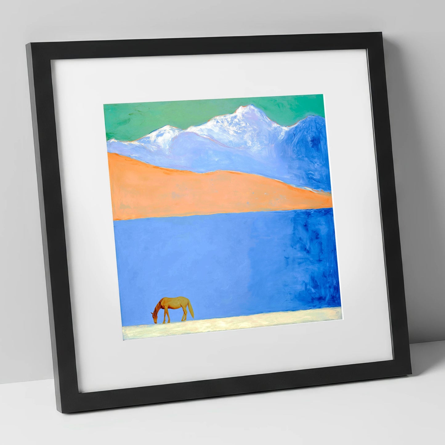 Alpine Solitude horse landscape art print in black frame