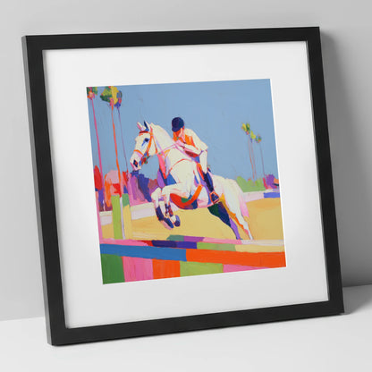 Technicolour Takeoff show jumping horse art print in black frame