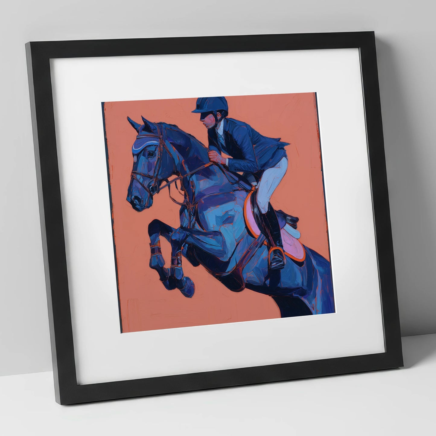 Indigo Flight show jumping horse art print in black frame