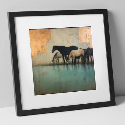 Gilded Herd Reflections wild horses art print in black frame