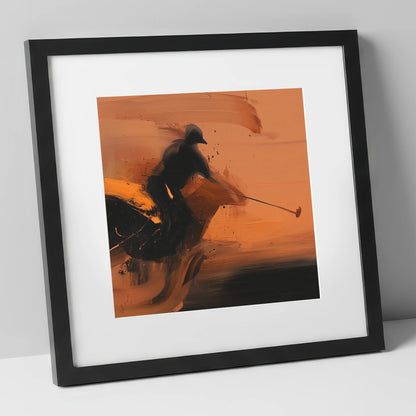 Strike in Amber polo horse art print in black frame