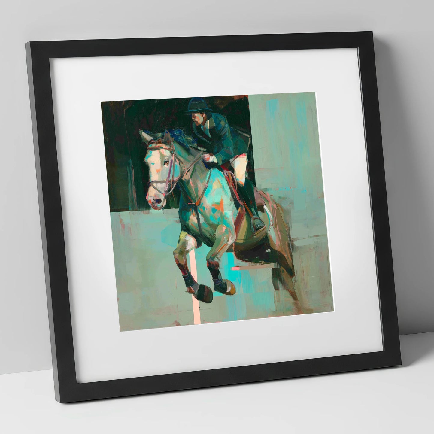 Suspended in Colour show jumping horse art print in black frame