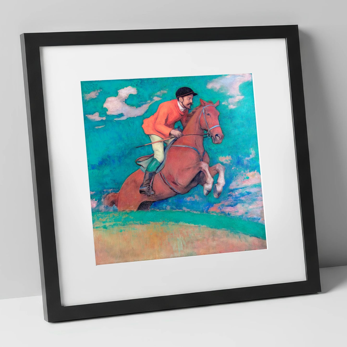 The Crimson Chase racing horse art print in black frame