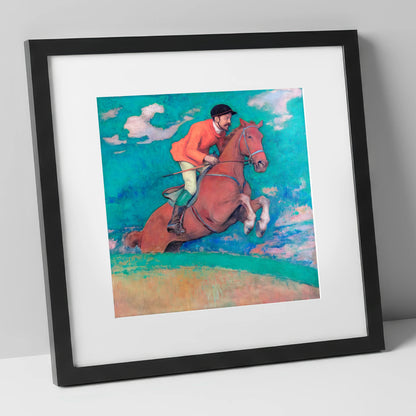 The Crimson Chase racing horse art print in black frame