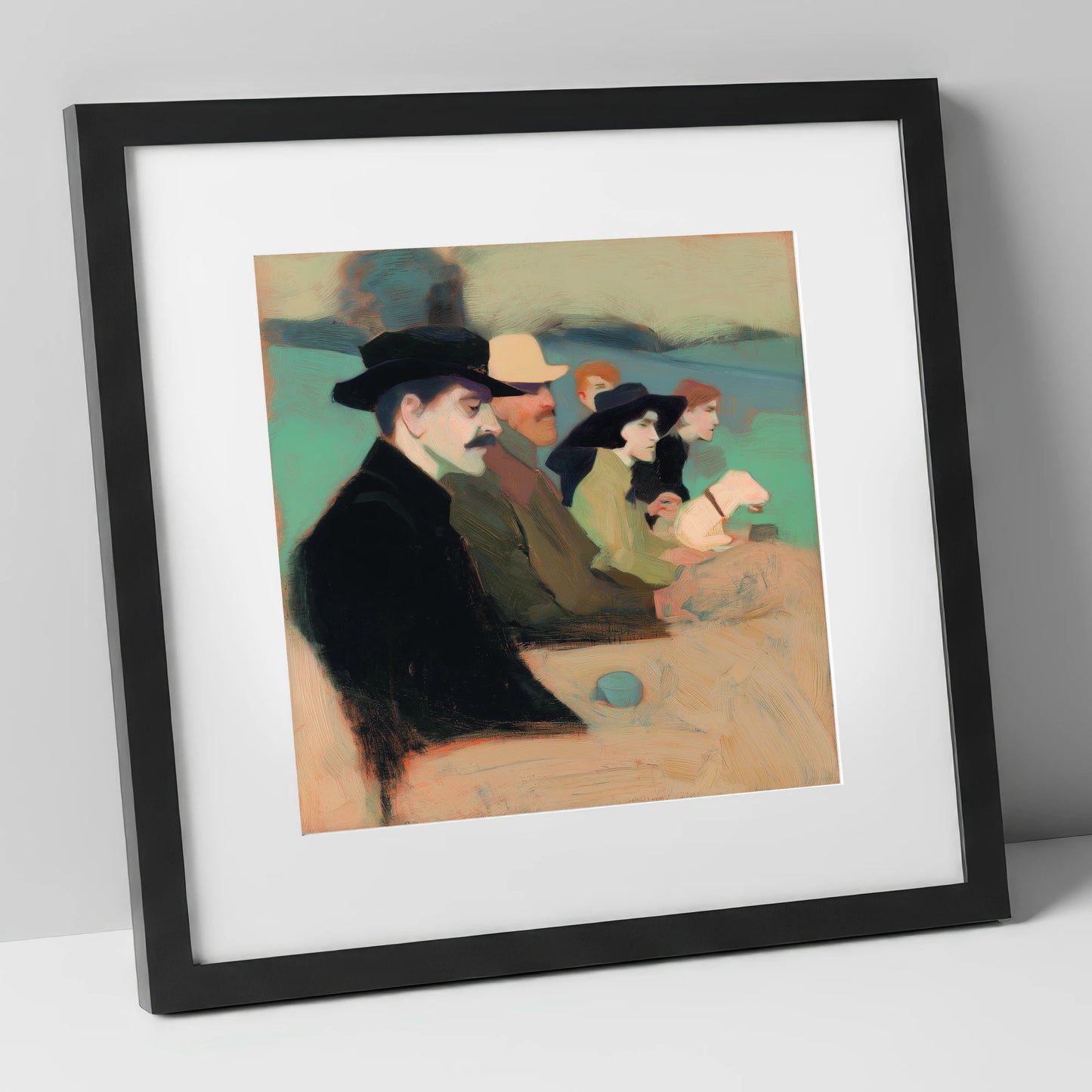 Gathering at the Rails racing horse art print in black frame