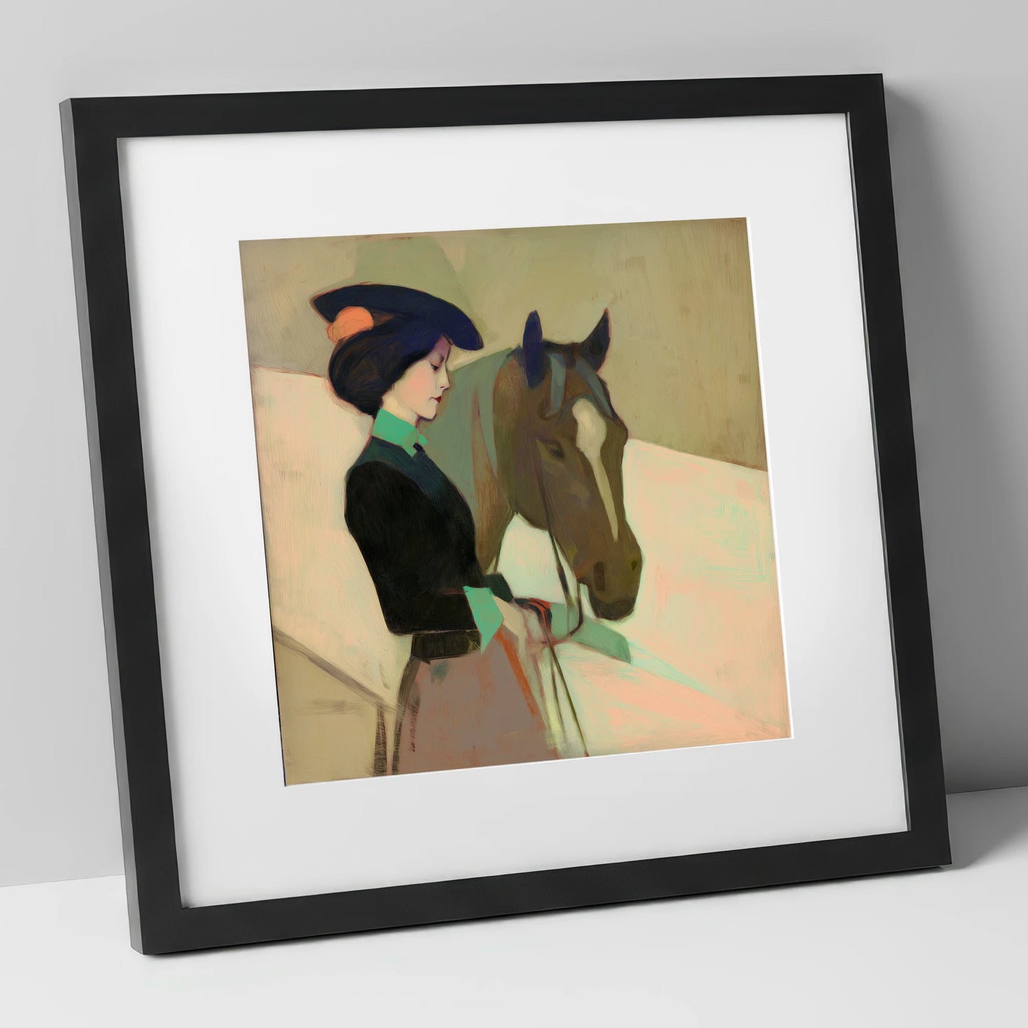 The Elegant Equestrienne horse & rider art print in black frame