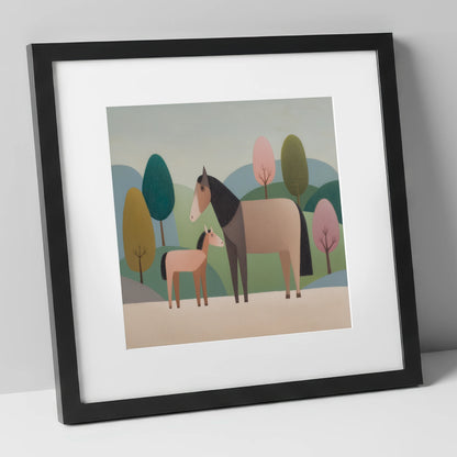 Pastoral Harmony mare & foal art print in black frame