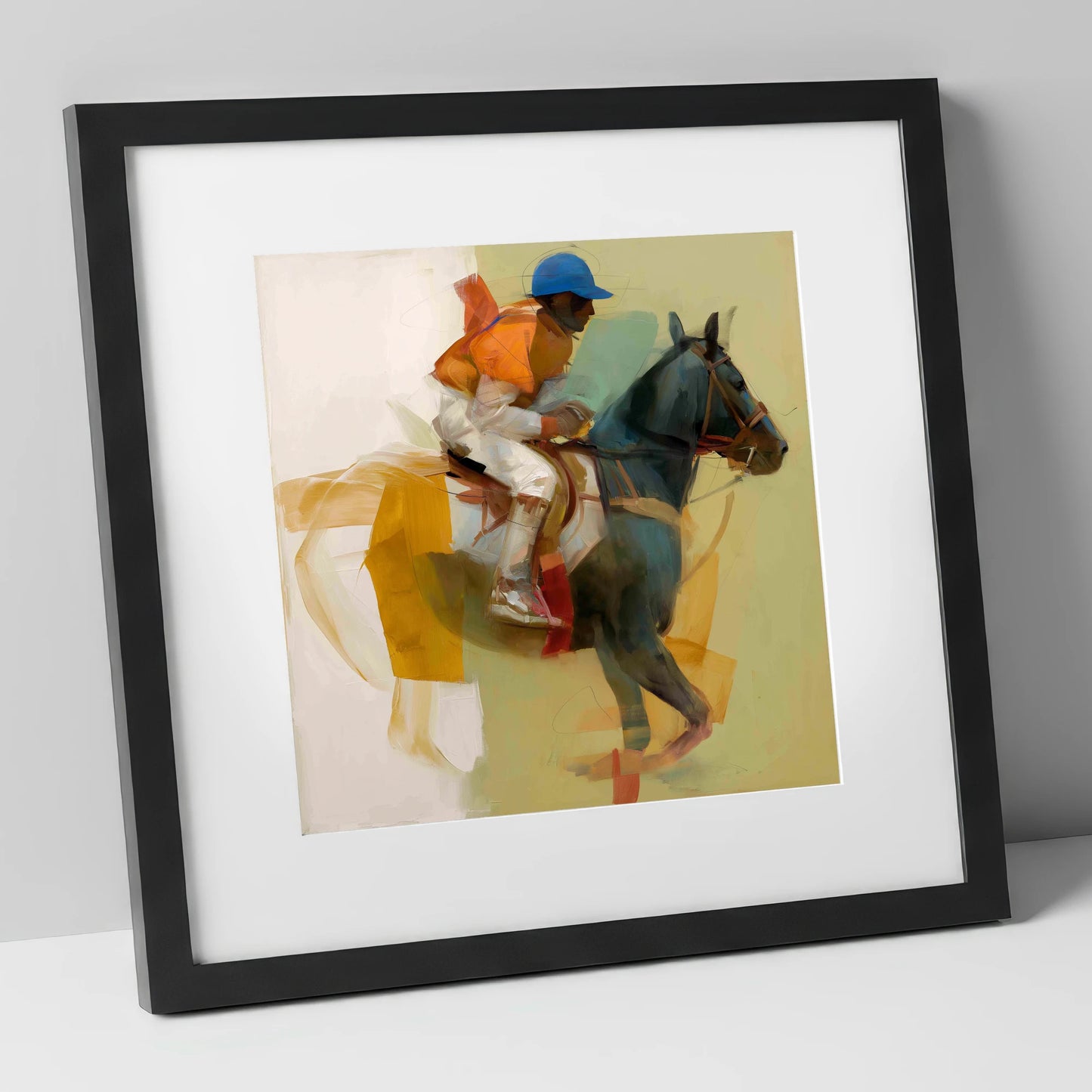Cerulean and Silk racing horse art print in black frame