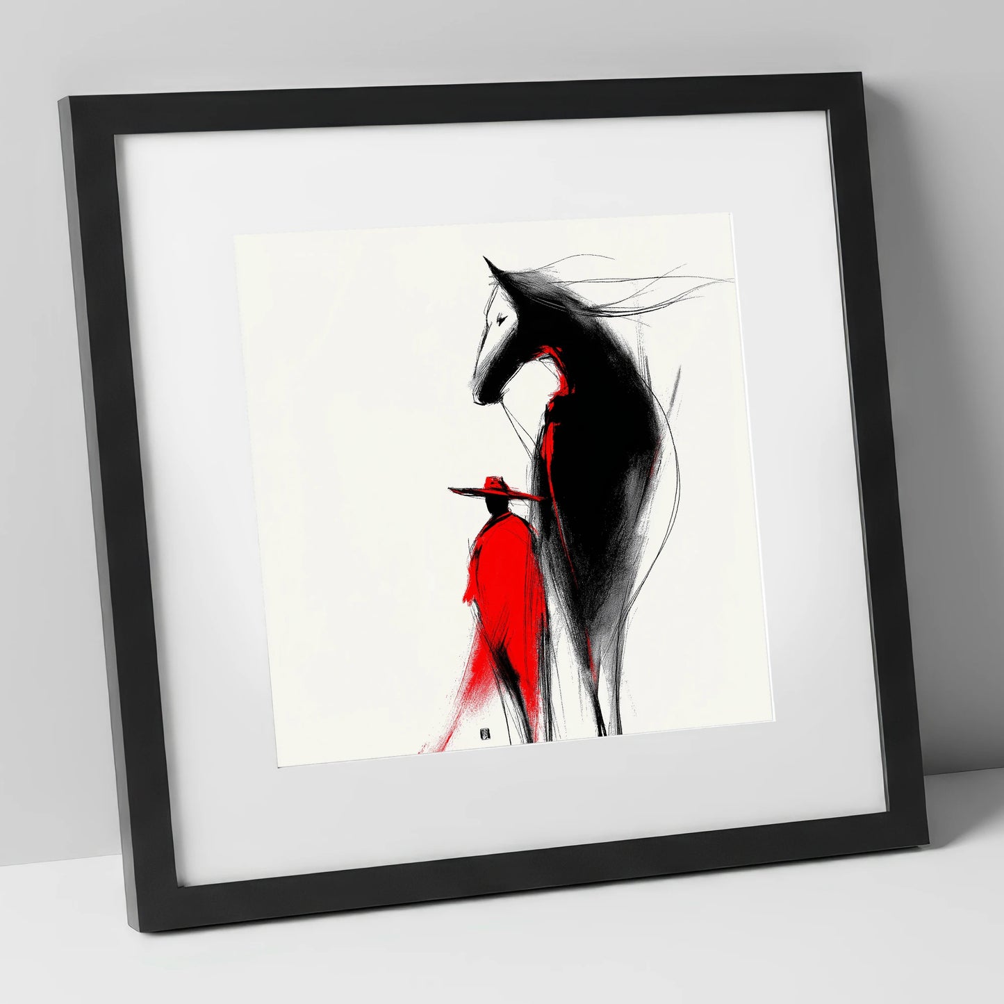 Crimson Rider Silhouette western horse art print in black frame
