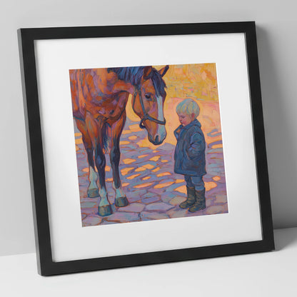 The Gentle Encounter horse & rider art print in black frame