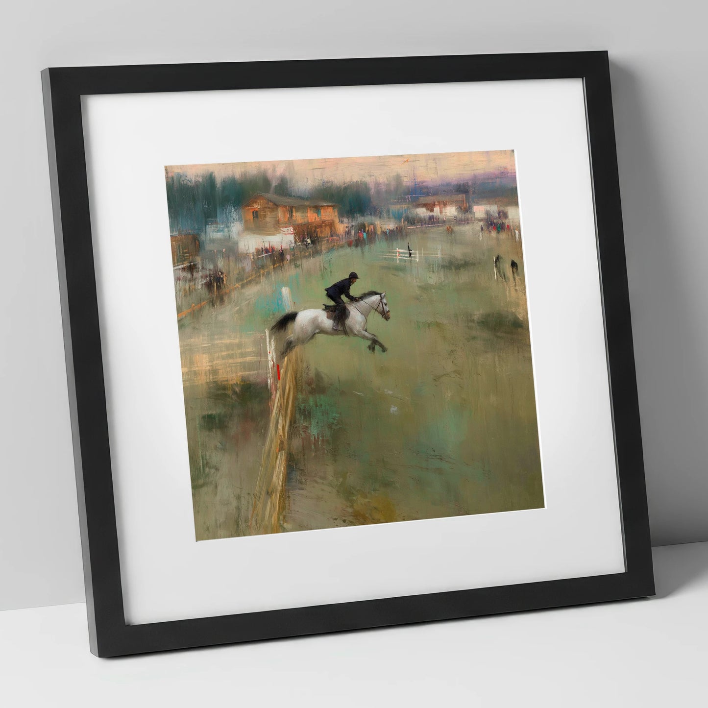 Clearing the Timber show jumping horse art print in black frame
