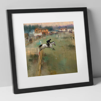 Clearing the Timber show jumping horse art print in black frame