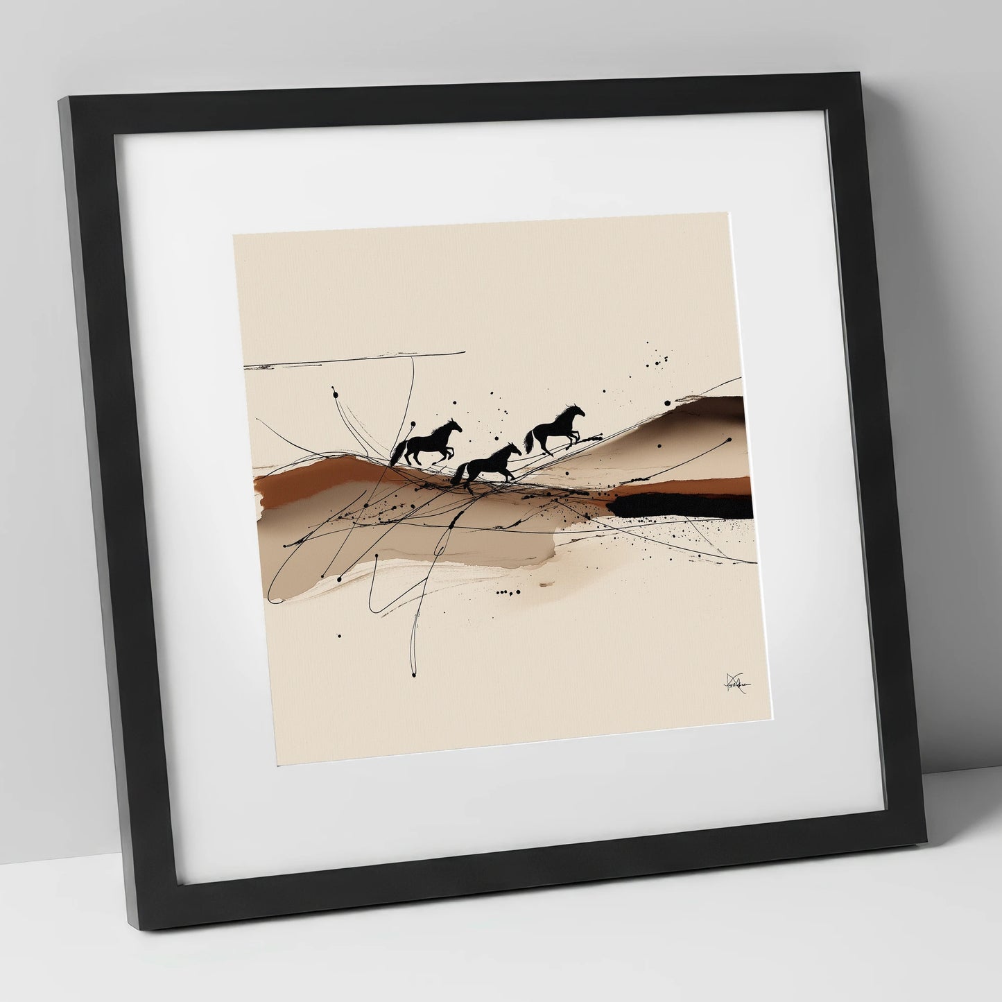 Abstract Sepia Gallop wild horses art print in black frame