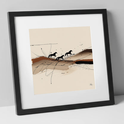 Abstract Sepia Gallop wild horses art print in black frame